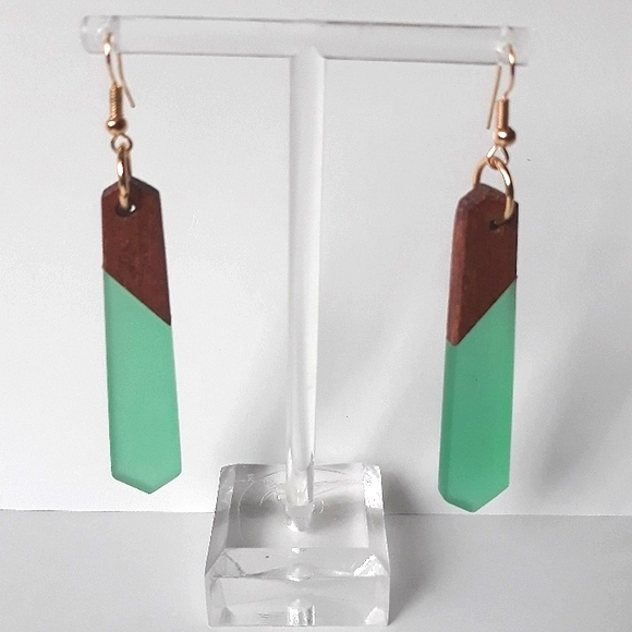 *2 for $15* Aqua Wood Resin Drop Earrings - Picture 2 of 4